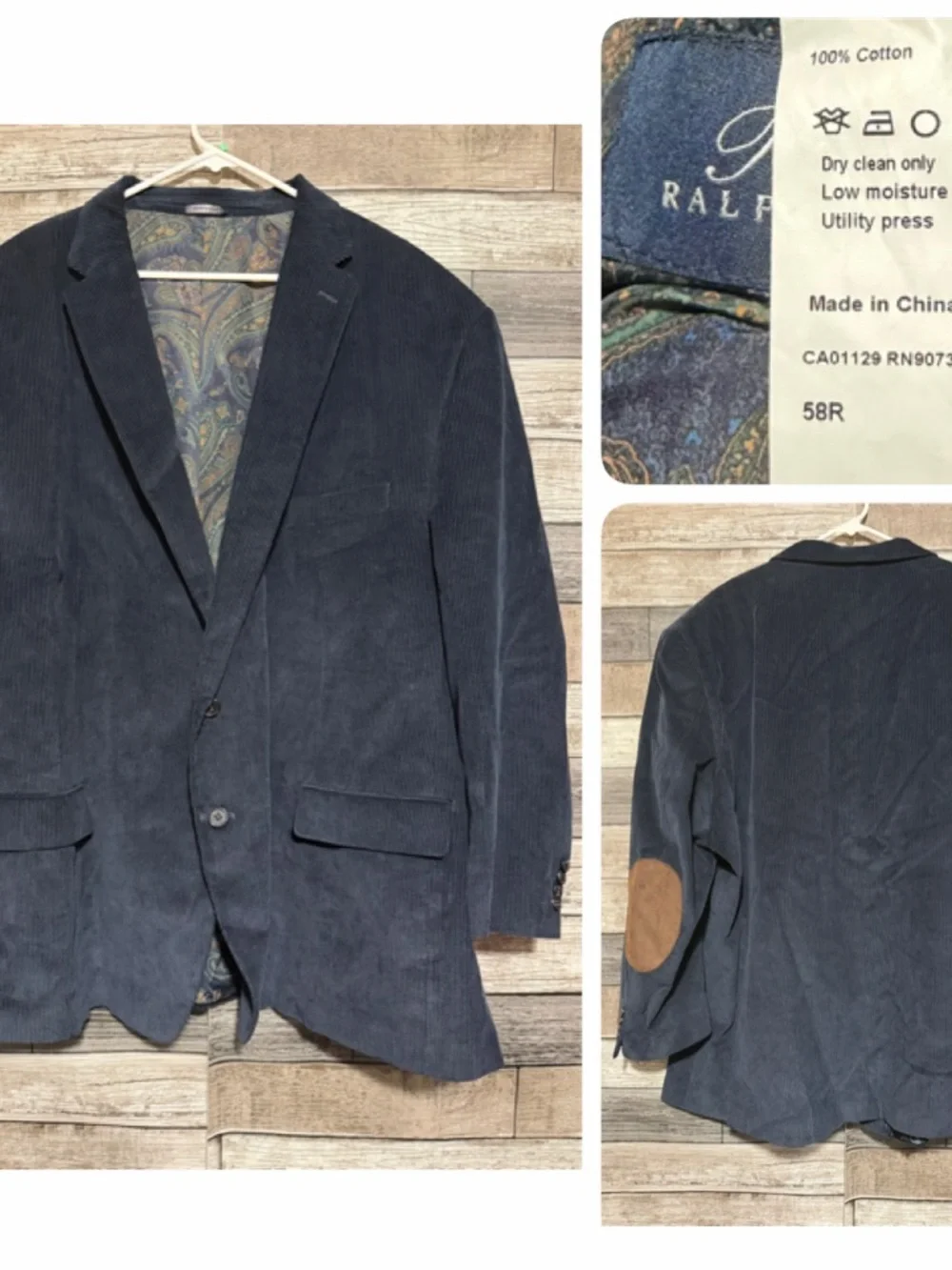 Ralph Lauren Corduroy Blazer Men 58R Navy Blue Elbow Patches Paisley Lined READ